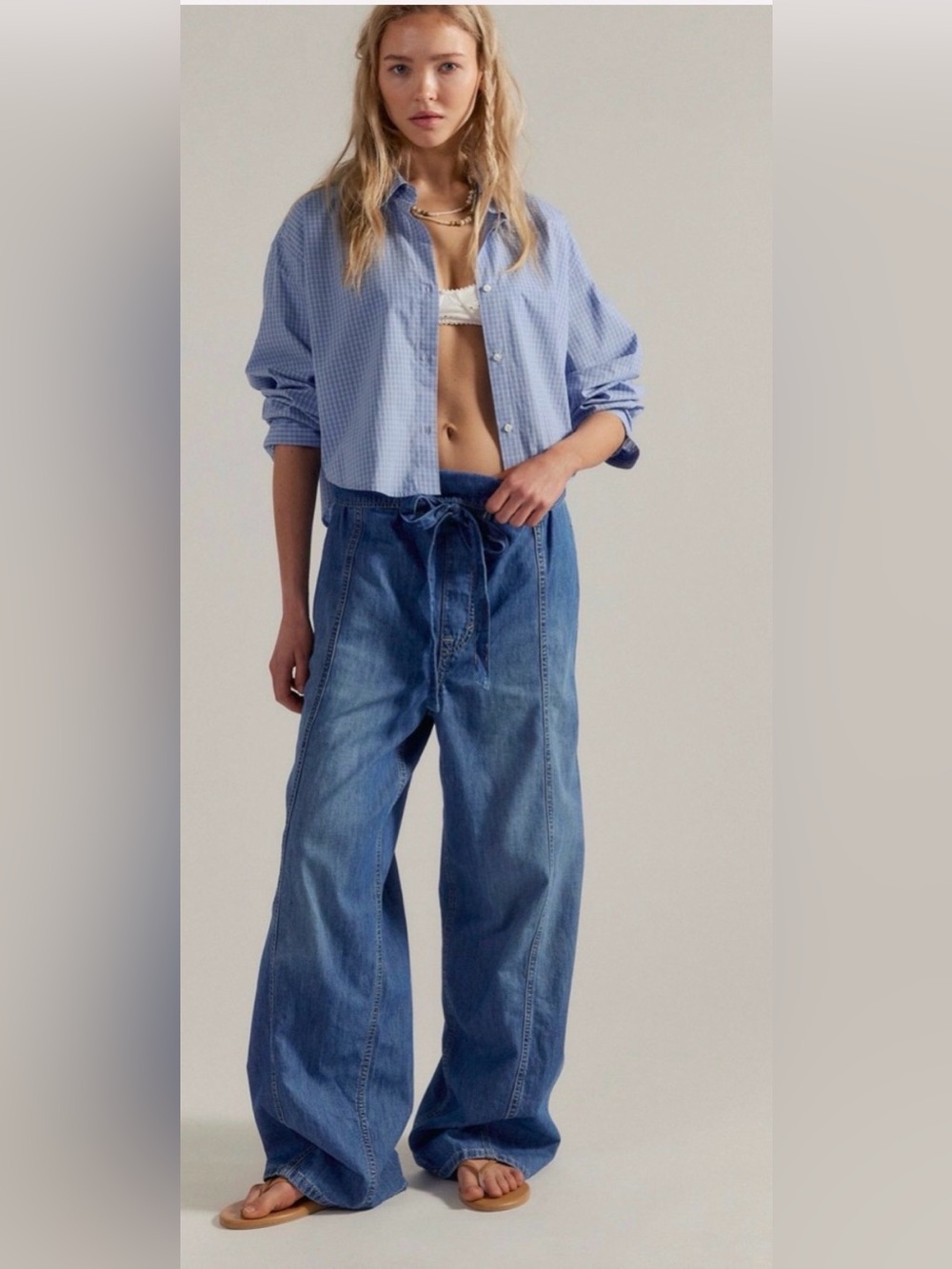 Free People Light-Mid Blue Wide-Leg Drawstring Jeans, Medium